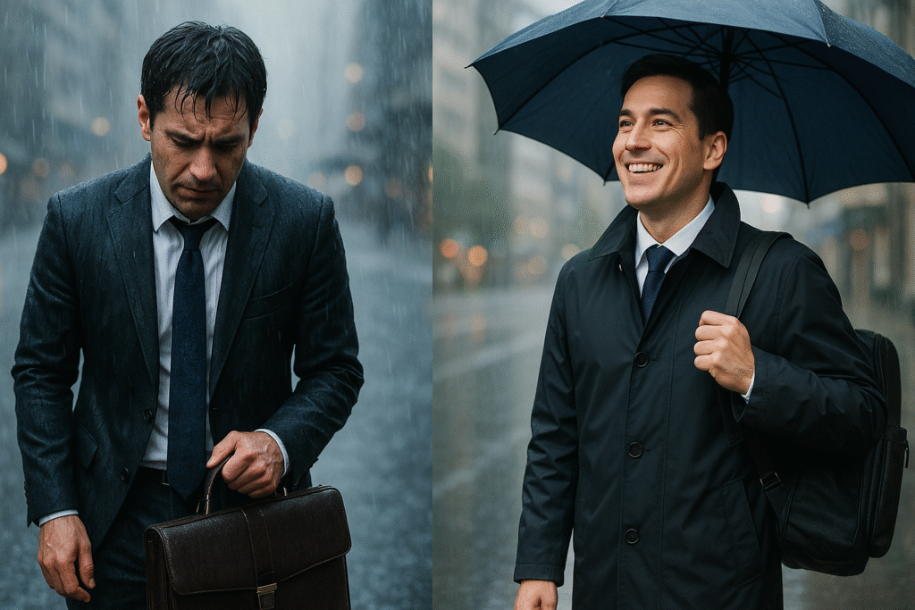 土砂降りの中のビジネスマン