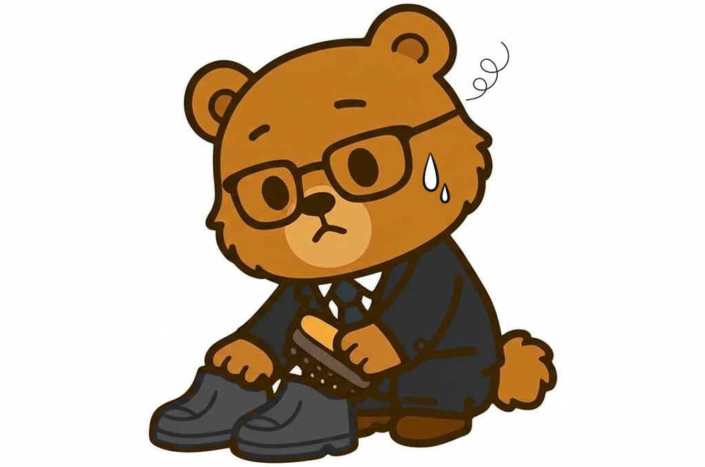 靴磨きがうまくいかず悩むくまを
