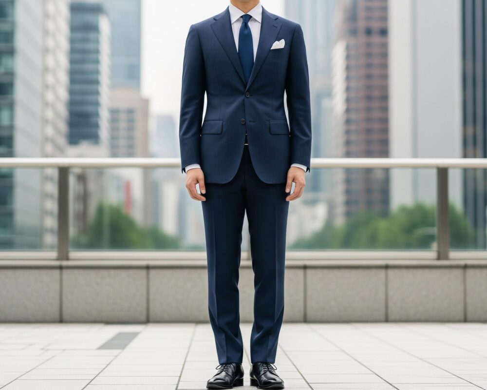 ネイビースーツと黒の革靴