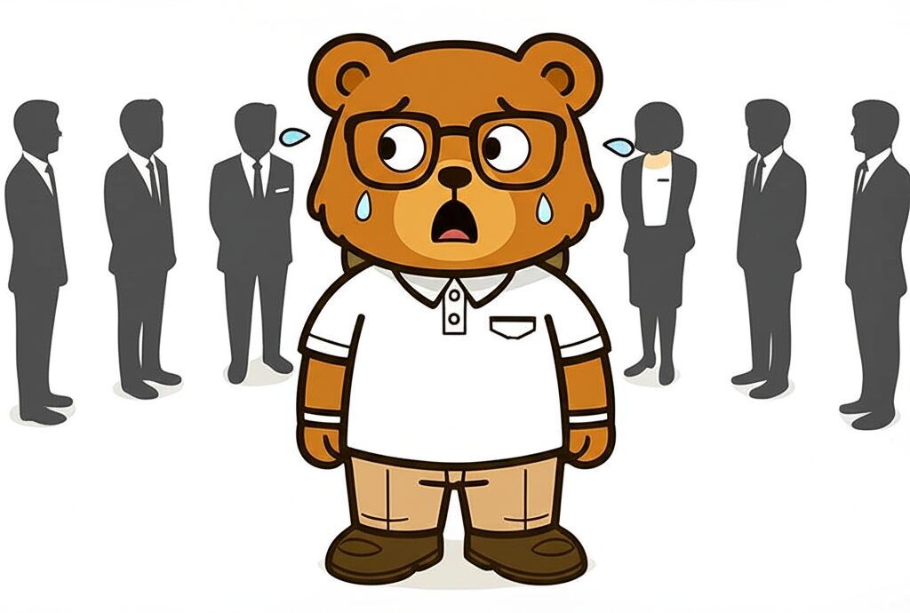 カジュアルすぎる格好で、職場で浮いてしまっているクマ