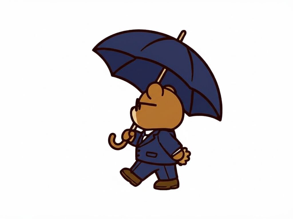 傘をさして歩くくまを