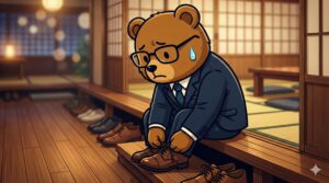 革靴の脱ぎ履きにもたついている